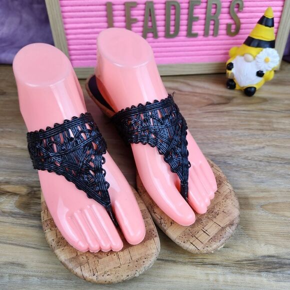 💜DexFlex Comfort Black Wedge Sandals Size 9.5 - Picture 6 of 15